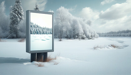 Werbeplakat digitaler Werbeaufsteller mitten in der Natur im Winter Plakatwerbung Vorlage weiß blanko Werbeträger Werbetafel Platzhalter für Text oder Bild Generative AI  - obrazy, fototapety, plakaty