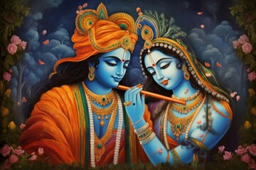 Obraz na płótnie Canvas Hindu God Sri Krishna and Radha art, Generative AI