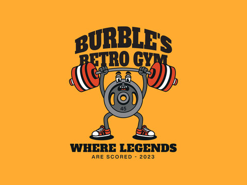 Cartoon Character Of Burble At The Gym With A Hand-Written And Retro Style, Suitable For Stickers And Posters