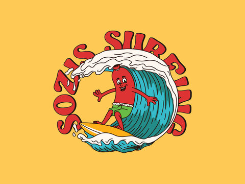 Cartoon Character Of A Sozis Surfing With A Vintage And Handwritten Style Goes On Holiday At The Beach