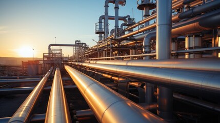 Obraz premium Silver gas pipelines at sunrise.