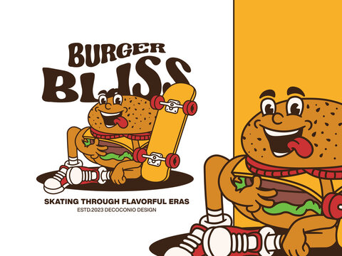 Cartoon Character of Funny Fast Food Playing Skateboard with Retro and Handwritten Style, Suitable for Poster and Sticker