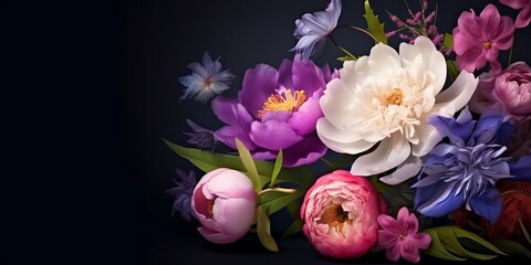 Obraz na płótnie Canvas Romantic bouquet of vivid pastel flowers on black background. For Mother's day, Birthday greeting banner, card. Lilac and pink peonies, white cosmos and purple flowers. Generative AI