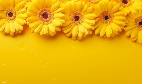 Yellow gerberas close up on bright yellow background. Floral banner with copy space for text. Summer greeting concept. Generative AI