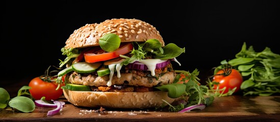 Turkey burger on a bun with fresh veggies