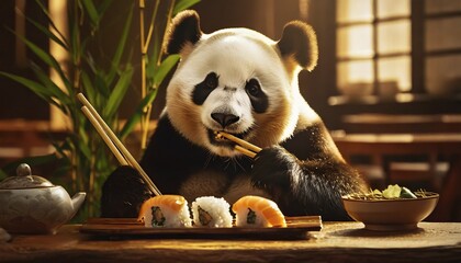 Panda Enjoying Bamboo Chopsticks instead of Sushi in a Restaurant