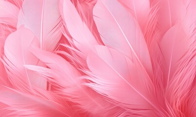 Fototapeta na wymiar Close up of abstract feathers in a vibrant shade of pink set against a matching pink backdrop. Feather-textured background, banner. Generative AI