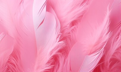 Fototapeta na wymiar Close up of abstract feathers in a vibrant shade of pink set against a matching pink backdrop. Feather-textured background, banner. Generative AI
