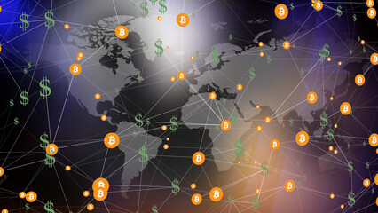 Financial technology bitcoin dollar map connects world of digital money, investment funds, and cryptocurrency in virtual currency market revolution