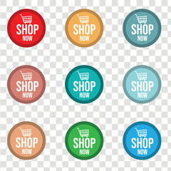 Shop now button with shopping cart.  Modern collection for web site. Online shopping. Click here, apply, buttons hand pointer clicking. Web design elements. Vector illustration