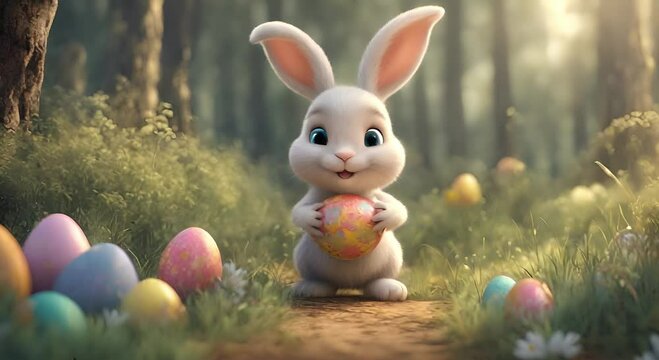 Easter bunny with an Easter egg in a forest clearing. Cartoon. Animation.