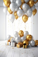 Happy birthday. Air balloons, foil silver and gold balloons