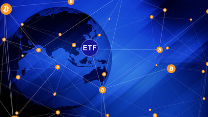 Blockchain technology and bitcoin symbol evolution of cryptocurrency trading and investment with bitcoin etf globe, digital asset for worldwide financial markets