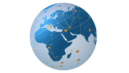 Cryptocurrency investment bitcoin globe white background digital money revolution with global economic growth, rewarding bitcoin futures, assets, and crypto investments