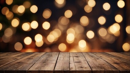  Wooden Table with Bokeh Lights for Festive Occasions. Generative AI.