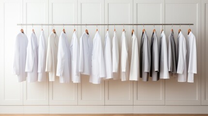 A minimalist wardrobe filled with pristine white doctor coats.