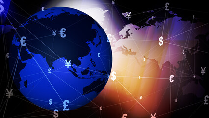 Dollar symbol wallpaper backdrop with globe and map, representing international trade and global communication in digital world of finance and investment