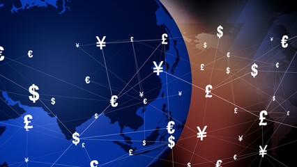 World map with currency symbols shows financial news in yuan, yen, euro, pound, dollar, and more, highlighting global economy and international trade