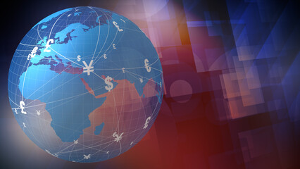 Symbol of global currency network and finance news background with pound, euro, dollar, yuan, yen, and world economy concept for breaking news and business media