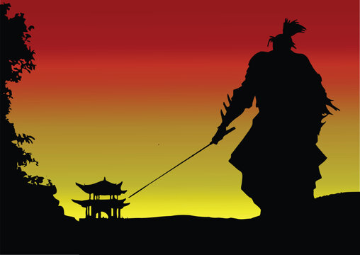 Black silhouette of Samurai with the sword on sky background. Vector Hand drawn illustration