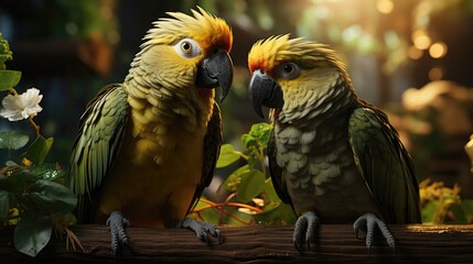 Two green parrots sitting on a branch next to each other, tropical exotic birds