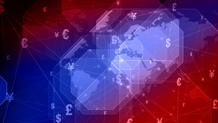 Yuan finance world map for financial news, dollar, yen, euro, pound symbol of international wealth and news backdrop in octagon