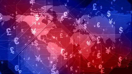 Financial news world map with currency symbols of dollar, yen, yuan, euro, and pound international finance - obrazy, fototapety, plakaty