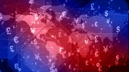 Foto op Aluminium Financial news world map with currency symbols of dollar, yen, yuan, euro, and pound international finance © Pablo Lagarto