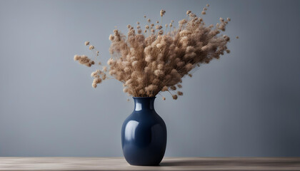 Vase of dry flower on table. navy blue wall background.