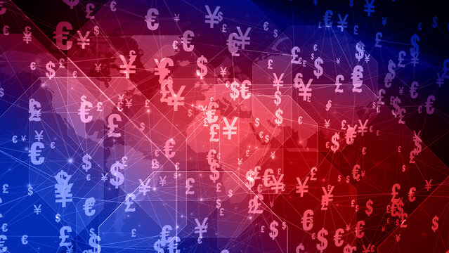 Euro symbol on depy map represents international currency and financial news with world map backdrop, including pound, yuan, dollar, yen, and more