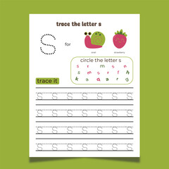 vector alphabet tracing worksheet with letter and vocabulary