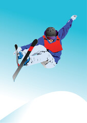 Slopestyle freestyle. Ski. 3d vector color illustration
