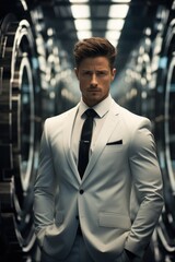 Fototapeta premium A successful man in a suit standing amidst a high-tech office setting, The environment is sleek and modern.