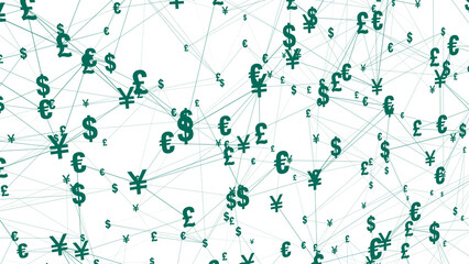 Money talks global currency sign on white background dollar, pound, yuan, yen, euro, and more symbolizing finance, pension, deflation, international trade, and rich financial world - obrazy, fototapety, plakaty