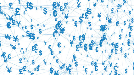 Pound symbol on white background with currency symbols of euro, yen, yuan, dollar, and british pound, representing international finance and global market