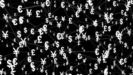 Currency symbols for dollar, euro, pound, and yen on black background wallpaper representing international finance and concept of paying, trading, and investing in global market economy