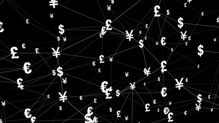 Money backdrop with currency symbols of pound, yen, euro, and dollar on black background financial news presentation on value and worth of official currencies in exchange market