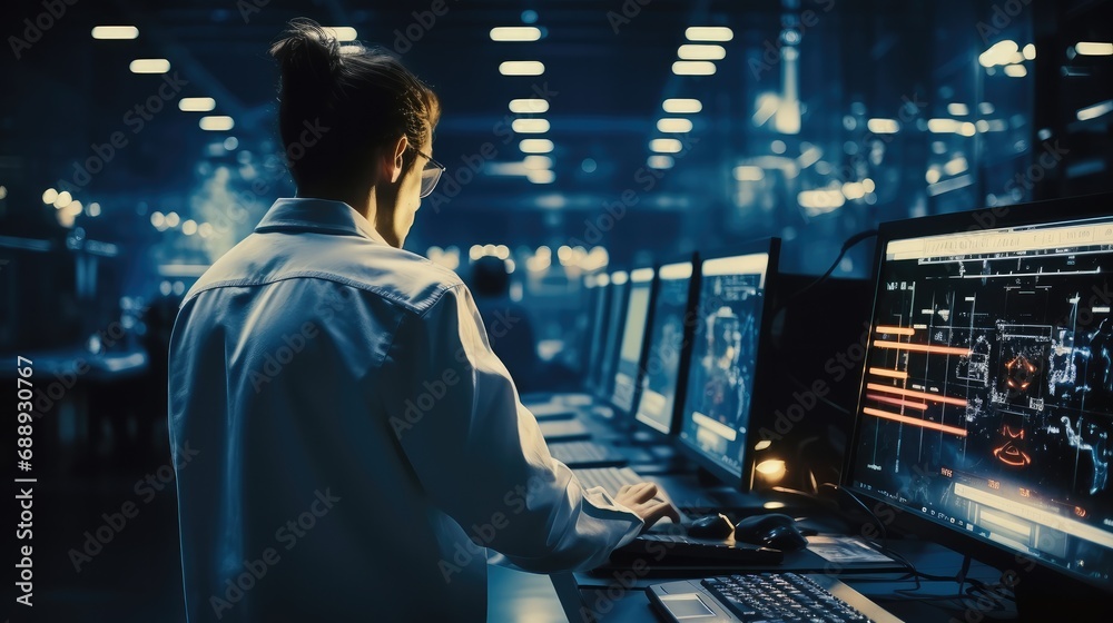 Leinwandbilder it specialist using laptop computer , server farm cloud computing facility with system administrator