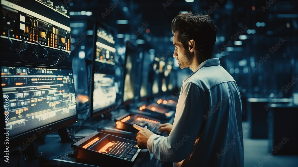 Aufkleber it specialist using laptop computer , server farm cloud computing facility with system administrator