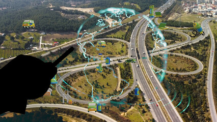 Intelligent Vehicles Cars Communicating Ai Logistic Autonomous Delivery Vehicles IoT GPS Tracking Satellite 5G Smart Roads Traffic Road Junction Interchange Motorway Triangulation Of Traffic Data