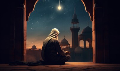 muslim old man praying on a mosque with starry and crescent moon moon night. Generative AI