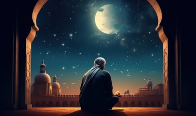 muslim old man praying on a mosque with starry and crescent moon moon night. Generative AI - obrazy, fototapety, plakaty