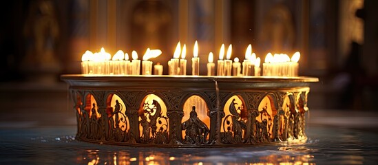 Orthodox Church's baptismal font with lit candles. Christian faith and customs.