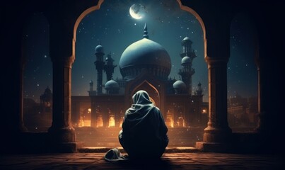 muslim old man praying on a mosque with starry and crescent moon moon night. Generative AI