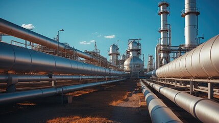 Large oil pipeline and gas pipeline in the process of oil refining and the movement of oil and gas. - obrazy, fototapety, plakaty
