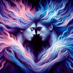 Twin flame couple. Soulmates. The concept of magical, esoteric, tantric, spiritual love. Connection between souls. Illustration for websites and much more. Created using generative ai tools.