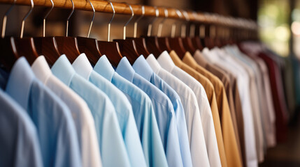 Close-up of casual men's shirts hanging on wooden hangers. - obrazy, fototapety, plakaty