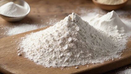 Wheat flour on wooden board. Generative AI.