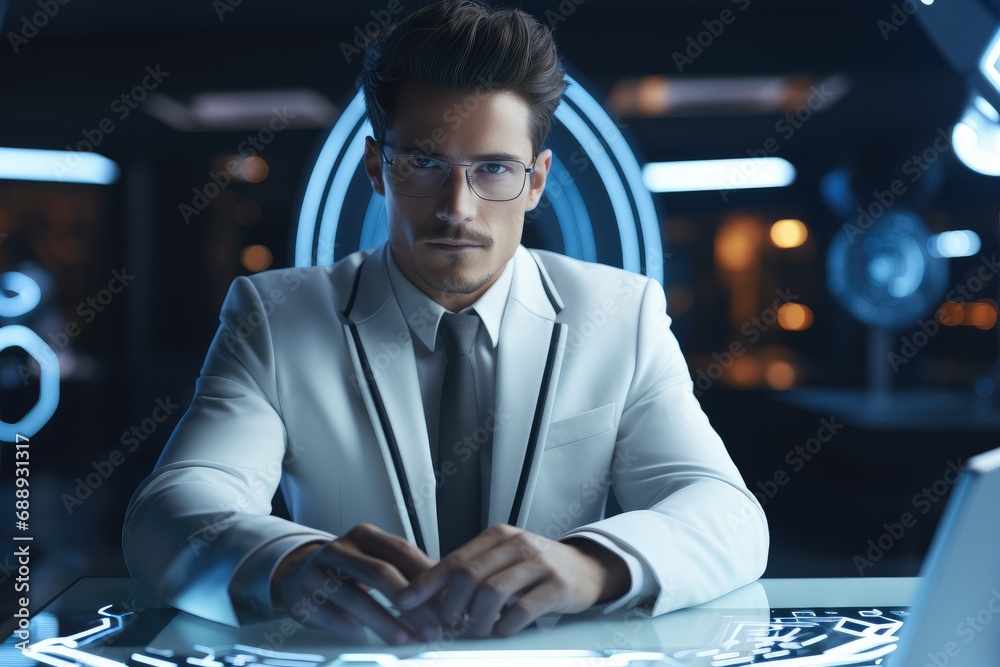 Poster a elegant man works in high tech computer as ceo in a futuristic and light workspace.