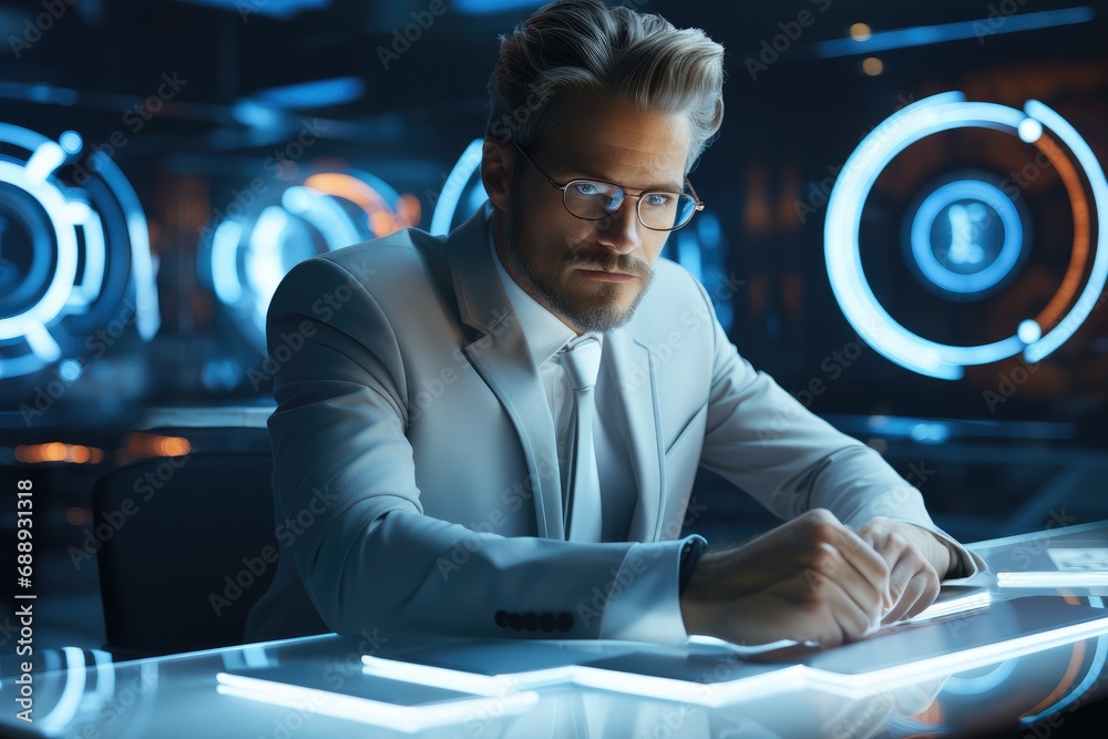 Poster a elegant man works in high tech computer as ceo in a futuristic and light workspace.